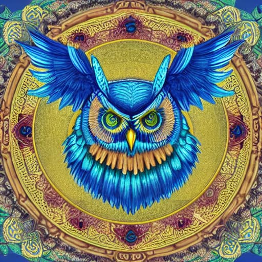  A blue owl with a gold circle and the word owl on it. hyperrealistic, full body, detailed clothing, highly detailed, cinematic lighting, stunningly beautiful, intricate, sharp focus, f/1. 8, 85mm, (centered image composition), (professionally color graded), ((bright soft diffused light)), volumetric fog, trending on instagram, trending on tumblr, HDR 4K, 8K