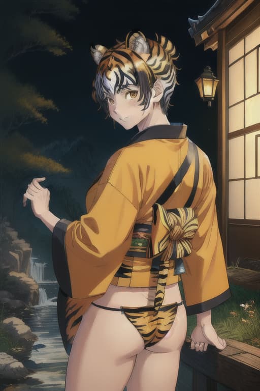  (Masterpiece, Best Quounty) 1.5, Absurd Detailed, Raw Photo Realistic, (Super Fine Shine Face), 8k, (Tiger-Stripes Kimono, short hem, Tiger Ears, Tiger Ears, Tiger G, Tiger G IRL, Cat Hands, Tiger Tail), Raw Photo Realistic Shiny tiger-stripes hair、grin、exposed & thighs、((ふんどし、fundoshi))、look back、cat's paw、dynamic pose、神社、twilight lighting、(((頭にウンコを乗せる)))