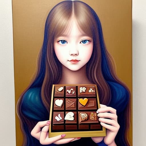  Lalisa Manoban holding a box of fine chocolates. Painted in the style of Leonardo da Vinci