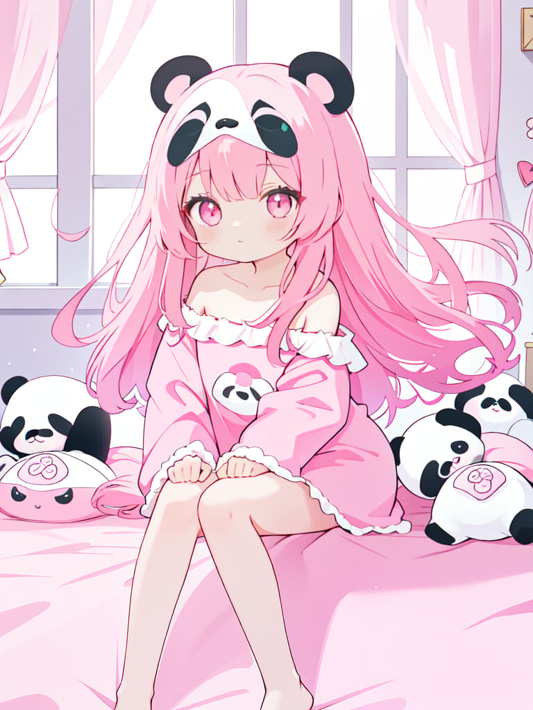  GIRL, Pink Long Hair, PERFECT ARMS, PERFECT LEGS, in The Room, Cute Pajamas, Not Off Shoulder, Eye Mask (PERFECT PANDA), masterpiece, best quality,8k,ultra detailed,high resolution,an extremely delicate and beautiful,hyper detail