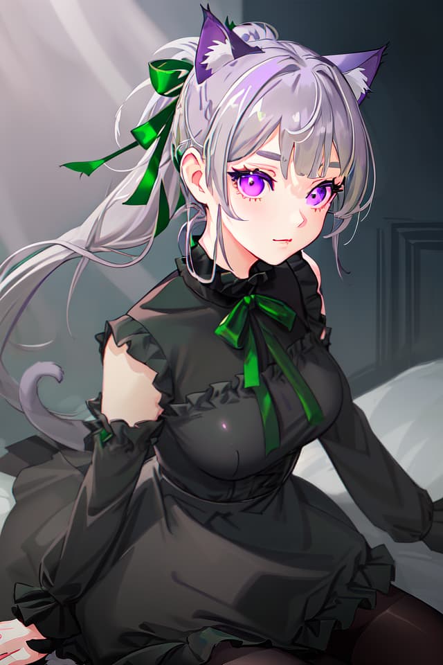  Beautiful girl, beautiful gray hair, (low ponytail in a low position), (large green ribbon on hair), cat ears, purple eyes, upper eyes, black knee length dress, black tights, upper body only