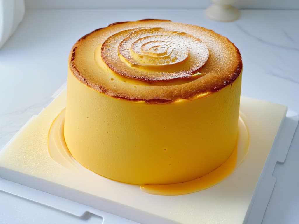  An image of a perfectly baked, goldenbrown sponge cake resting on a sleek, white marble countertop. The cake is flawlessly risen, with a light, airy texture visible through its delicate crumb structure. The minimalistic composition highlights the fine details of the cake's surface, capturing the essence of a flawless sponge cake ready to be transformed into a culinary masterpiece. hyperrealistic, full body, detailed clothing, highly detailed, cinematic lighting, stunningly beautiful, intricate, sharp focus, f/1. 8, 85mm, (centered image composition), (professionally color graded), ((bright soft diffused light)), volumetric fog, trending on instagram, trending on tumblr, HDR 4K, 8K