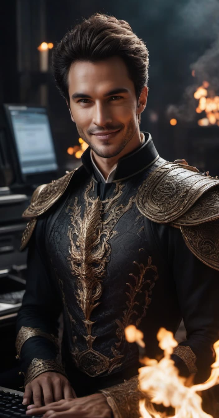  dragon in a dark suit, kind, with a smile, at the computer, typing on the keyboard, Headshot, looking straight into the camera, full face, fire all around, ace of swords hyperrealistic, full body, detailed clothing, highly detailed, cinematic lighting, stunningly beautiful, intricate, sharp focus, f/1. 8, 85mm, (centered image composition), (professionally color graded), ((bright soft diffused light)), volumetric fog, trending on instagram, trending on tumblr, HDR 4K, 8K