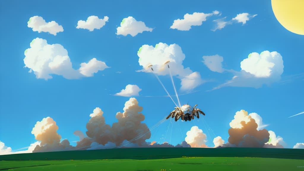  , a sunny day in the summer,a cloud filled sky,high definition,4k,lots of puffy white clouds in the sky,a giant battle mech spider hyperrealistic, full body, detailed clothing, highly detailed, cinematic lighting, stunningly beautiful, intricate, sharp focus, f/1. 8, 85mm, (centered image composition), (professionally color graded), ((bright soft diffused light)), volumetric fog, trending on instagram, trending on tumblr, HDR 4K, 8K