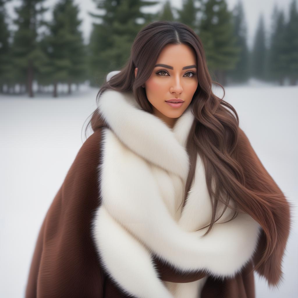  A beautiful young woman with brown hair, wearing a white fur blanket, being comfortable in the snow hyperrealistic, full body, detailed clothing, highly detailed, cinematic lighting, stunningly beautiful, intricate, sharp focus, f/1. 8, 85mm, (centered image composition), (professionally color graded), ((bright soft diffused light)), volumetric fog, trending on instagram, trending on tumblr, HDR 4K, 8K