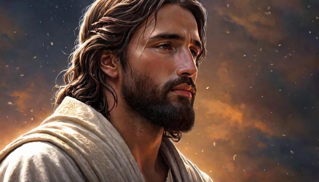  digital illustration, Jesus in humble prayer, head bowed, soft glow around him, tear rolling down his cheek, surrender, humility, looking at viewer, dynamic pose, (intricate details, masterpiece, best quality)