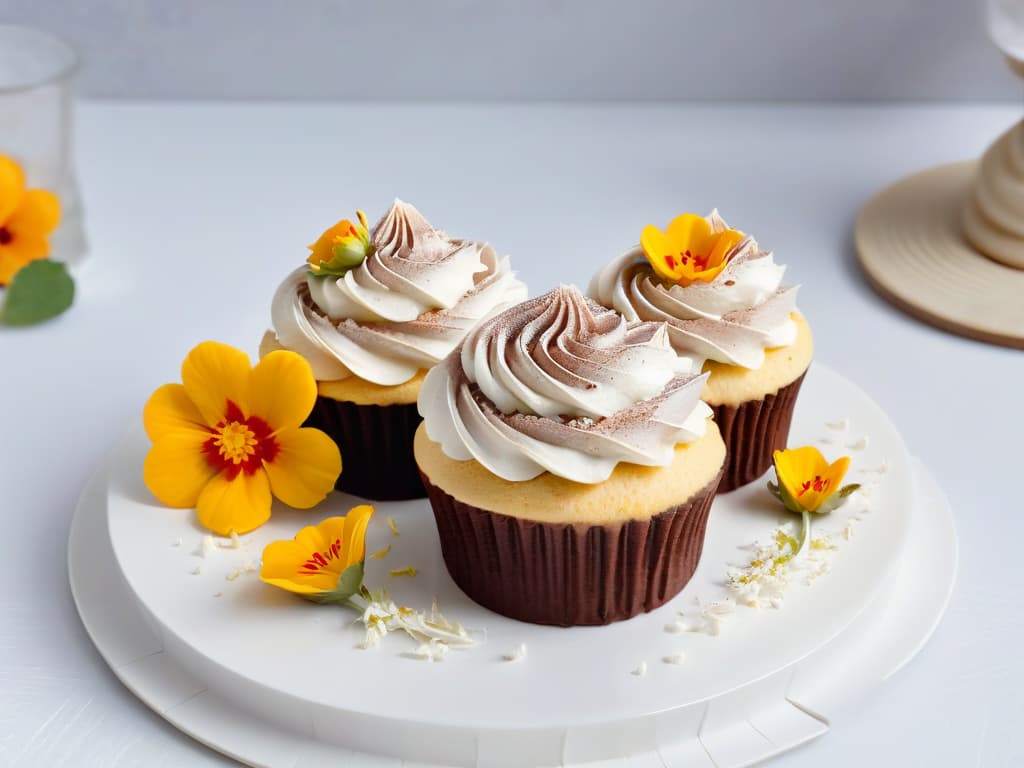  A closeup, ultradetailed image of a beautifully decorated vegan and healthy cupcake, featuring vibrant colors and intricate details such as edible flowers, delicate frosting swirls, and dusted with a sprinkle of coconut flakes on a clean, white minimalist background. The cupcake is elegantly displayed on a sleek, modern plate, showcasing its artistic presentation and inviting the viewer to indulge in guiltfree sweetness. This image embodies the essence of healthy and vegan baking, exuding sophistication and creativity while appealing to the senses with its visually stunning composition. hyperrealistic, full body, detailed clothing, highly detailed, cinematic lighting, stunningly beautiful, intricate, sharp focus, f/1. 8, 85mm, (centered image composition), (professionally color graded), ((bright soft diffused light)), volumetric fog, trending on instagram, trending on tumblr, HDR 4K, 8K