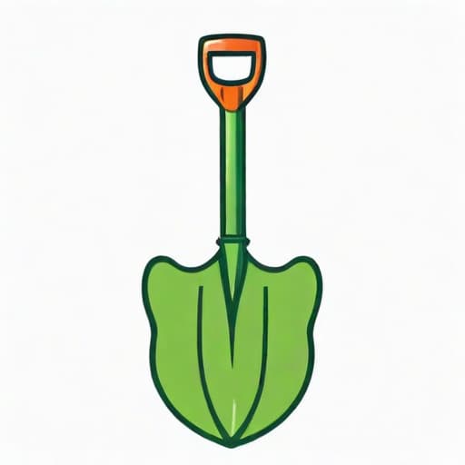  Draw a friendly, clean, vector icon of a smiling garden shovel, with a green leaf emerging from the handle. This would represent the green thumb of your gardening business and convey a friendly and natural feeling. ((for a logo)), minimalistic, vector illustration, (simple), (white background), no background, for a company, strong color contrast