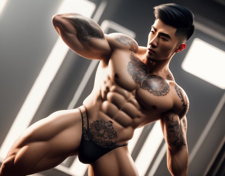  muscle, tattooed Chinese beautiful boy with white lace, lifting his ass， whole body，chest hair hyperrealistic, full body, detailed clothing, highly detailed, cinematic lighting, stunningly beautiful, intricate, sharp focus, f/1. 8, 85mm, (centered image composition), (professionally color graded), ((bright soft diffused light)), volumetric fog, trending on instagram, trending on tumblr, HDR 4K, 8K
