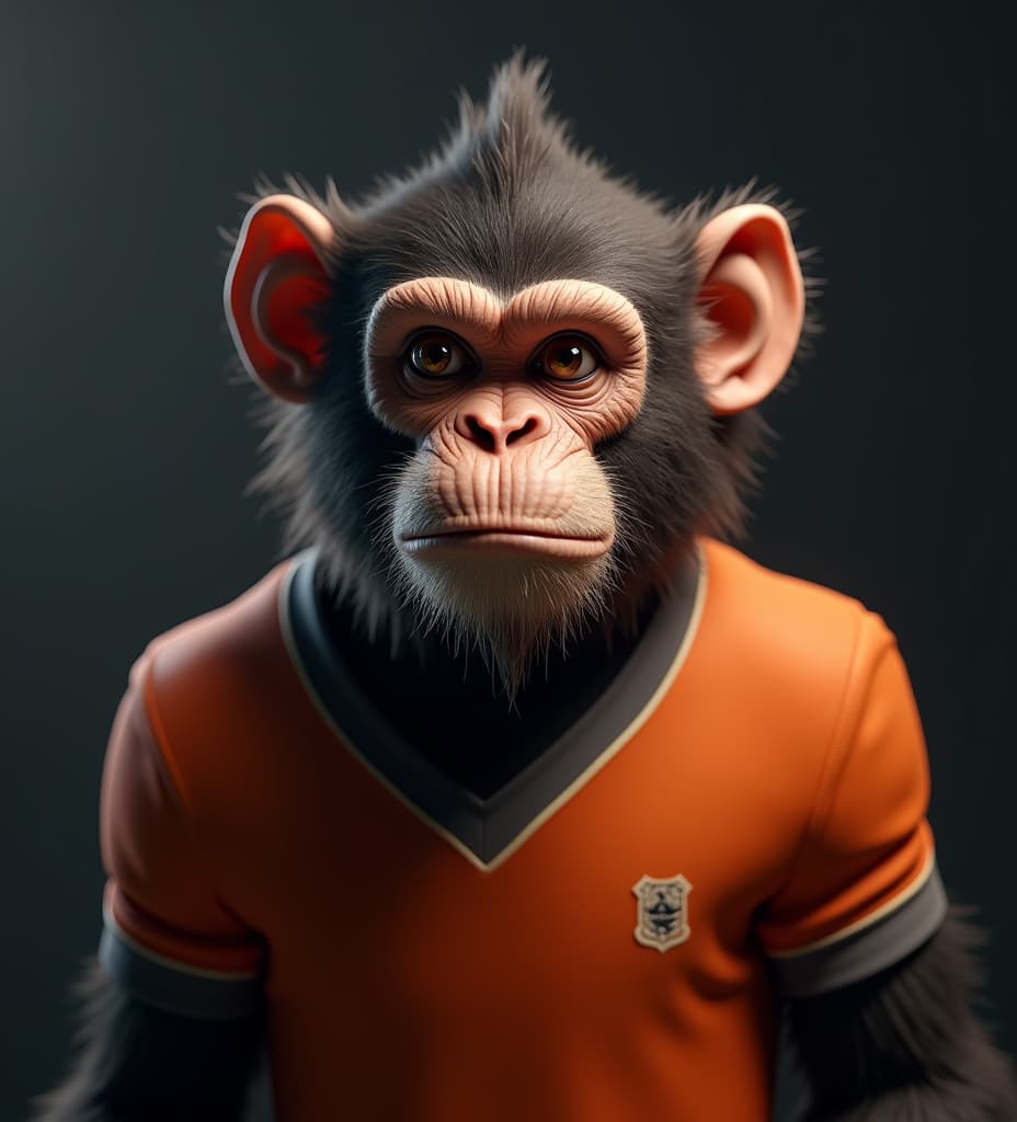  good quality, high quality, a striking 3d render of an anthropomorphic monkey with a slightly disgruntled expression, wearing an orange football jersey and oversized ears. the monkey gazes arrogantly into the camera, exuding an air of confidence and charisma. the background is dark, with a spotlight illuminating the monkey, creating a dramatic, cinematic feel to the image., cinematic, 3d render, photo