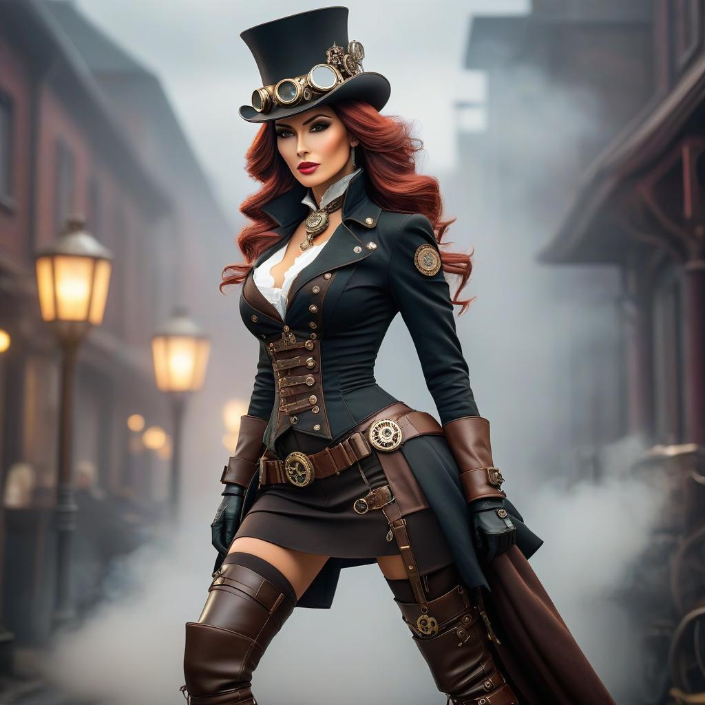  mature women face, steampunk style, full body shot, long boots hyperrealistic, full body, detailed clothing, highly detailed, cinematic lighting, stunningly beautiful, intricate, sharp focus, f/1. 8, 85mm, (centered image composition), (professionally color graded), ((bright soft diffused light)), volumetric fog, trending on instagram, trending on tumblr, HDR 4K, 8K