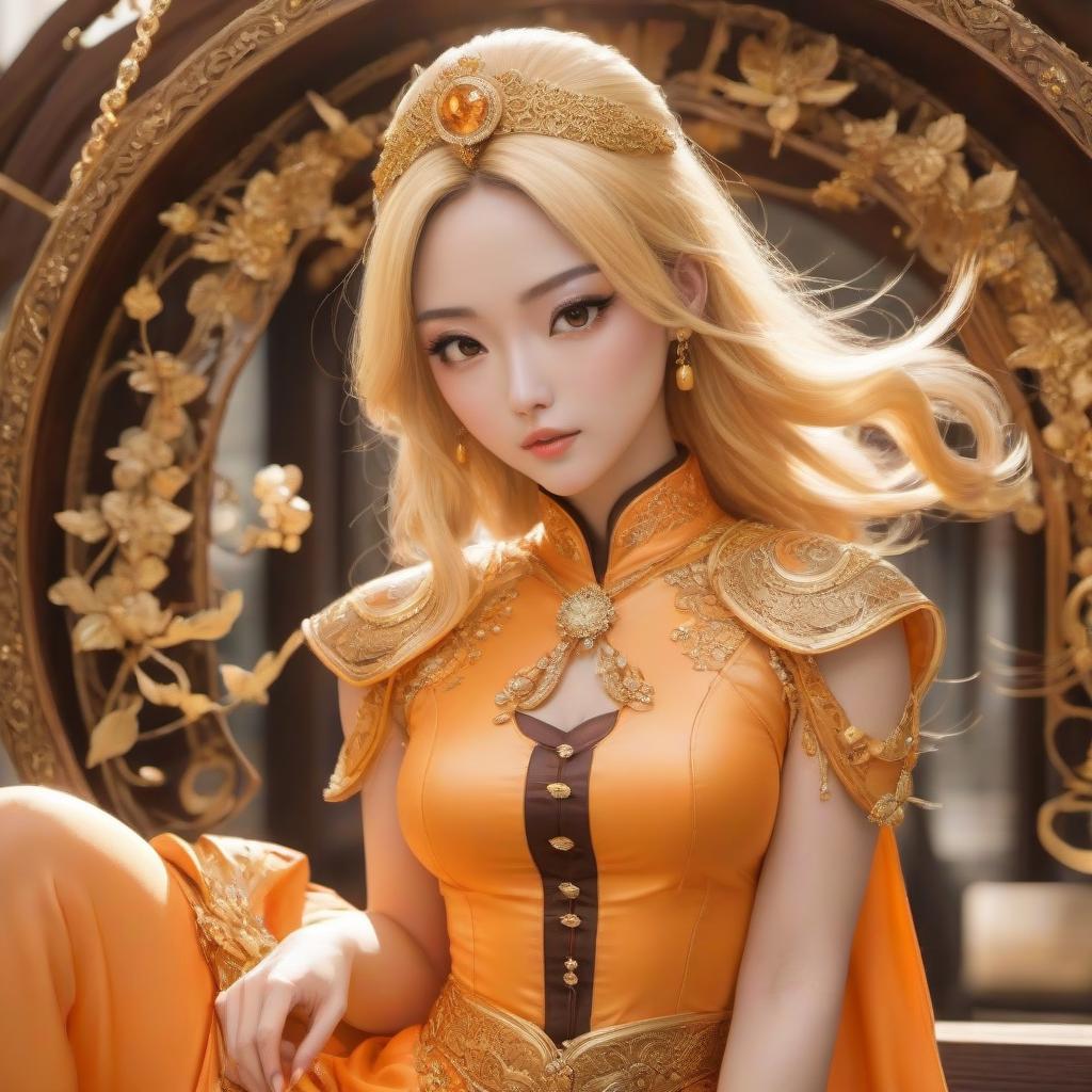  A cartoon girl in an orange costume with gold jewelry, in the style of miho hirano, light yellow and dark brown, close up, traditional costumes, childlike simplicity, comic art, tondo hyperrealistic, full body, detailed clothing, highly detailed, cinematic lighting, stunningly beautiful, intricate, sharp focus, f/1. 8, 85mm, (centered image composition), (professionally color graded), ((bright soft diffused light)), volumetric fog, trending on instagram, trending on tumblr, HDR 4K, 8K