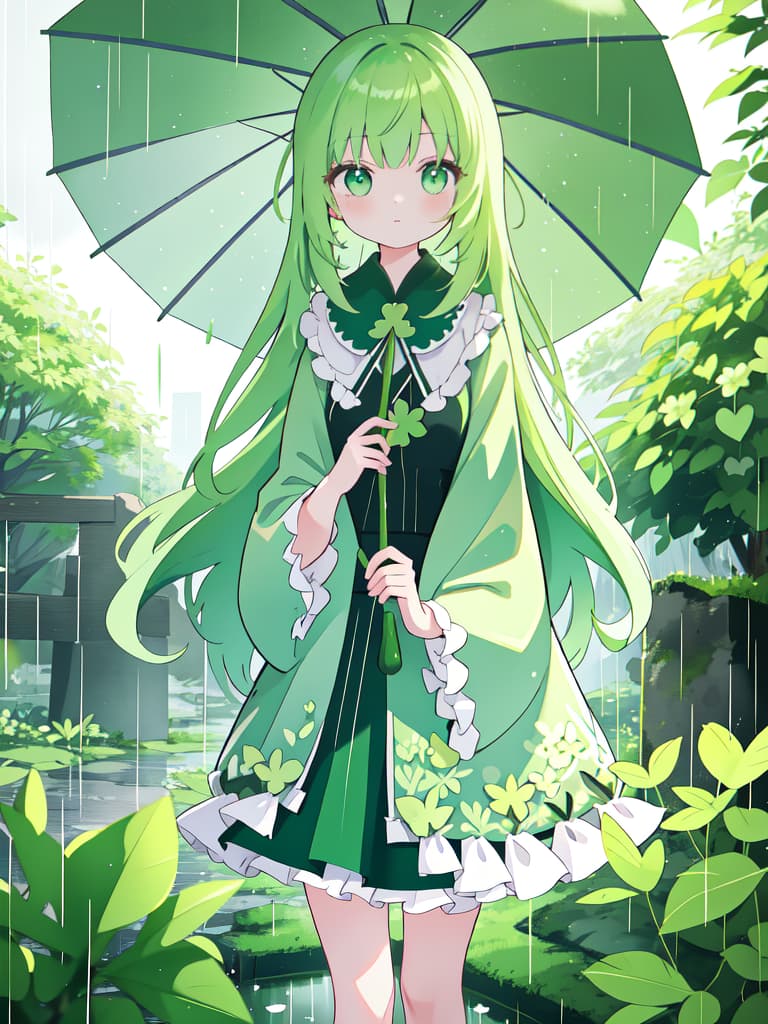  Girls, green hair, long hair, four leaf clover, umbrellas, rain, young, looking for, outside, masterpiece, best quality,8k,ultra detailed,high resolution,an extremely delicate and beautiful,hyper detail