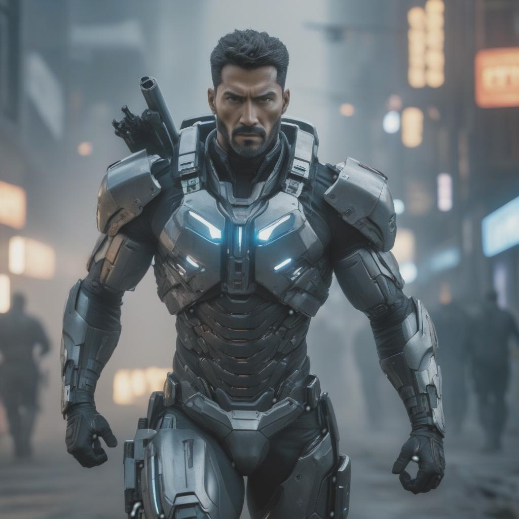  A cybernetic man, who is full grown, runs with weapons, war is on. hyperrealistic, full body, detailed clothing, highly detailed, cinematic lighting, stunningly beautiful, intricate, sharp focus, f/1. 8, 85mm, (centered image composition), (professionally color graded), ((bright soft diffused light)), volumetric fog, trending on instagram, trending on tumblr, HDR 4K, 8K