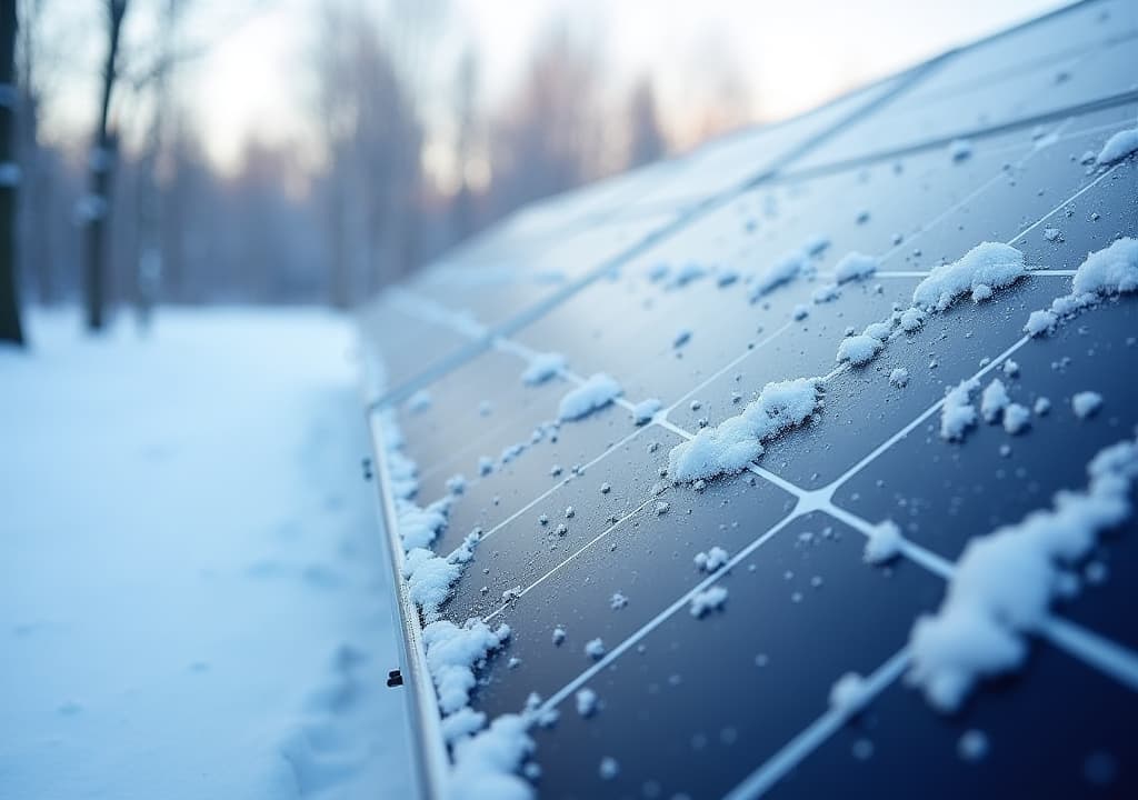  good quality, high quality, a close up of snow covered solar panels, highlighting their efficiency in winter.