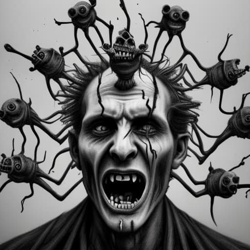  pencil sketch of a depressed man screaming with 8 little heads coming from out of his head and they are screaming as well. gothic, very dark. highly detailed and 8K.