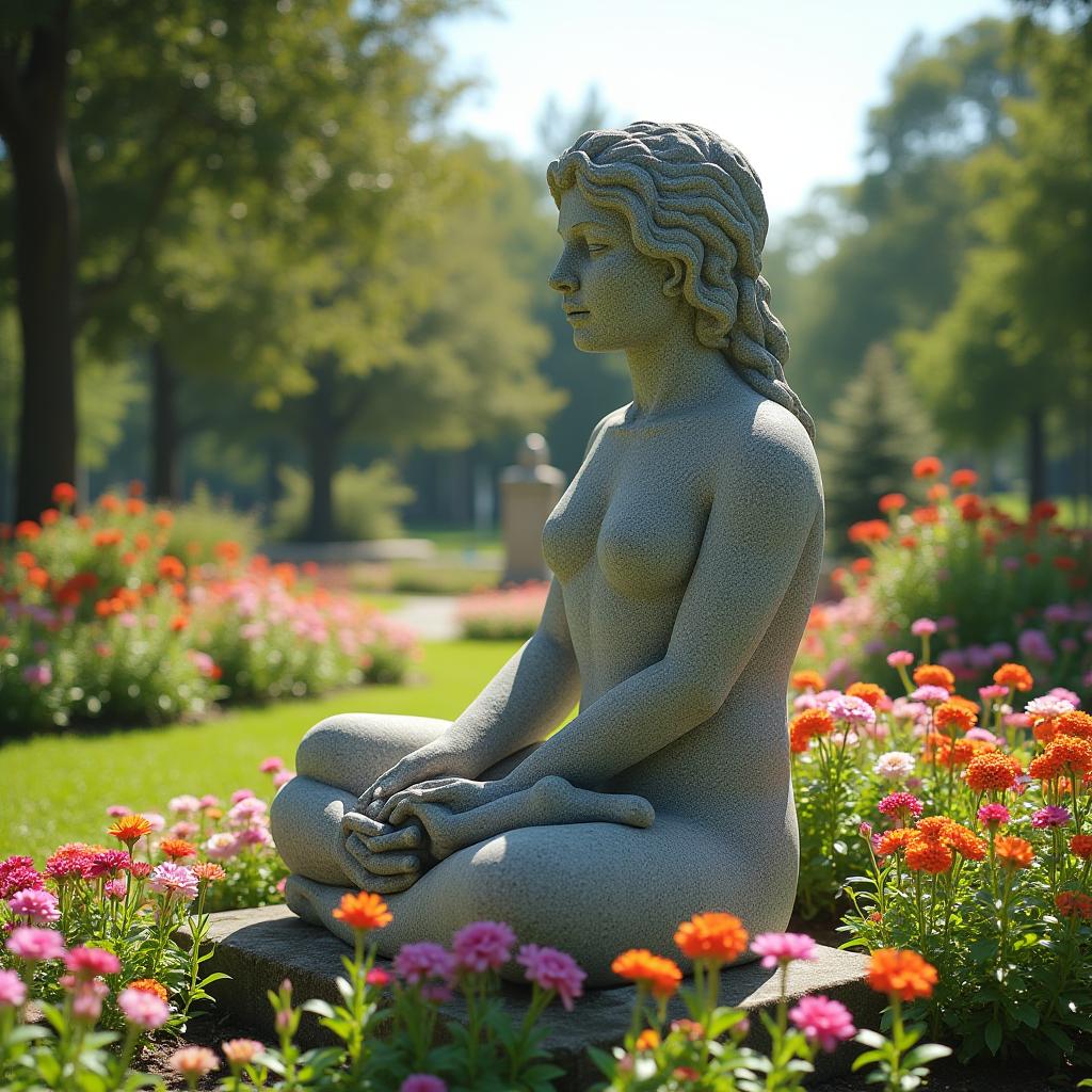  good quality, high quality, enchanting stone sculpture in a vibrant park filled with blooming flowers on a sunny day