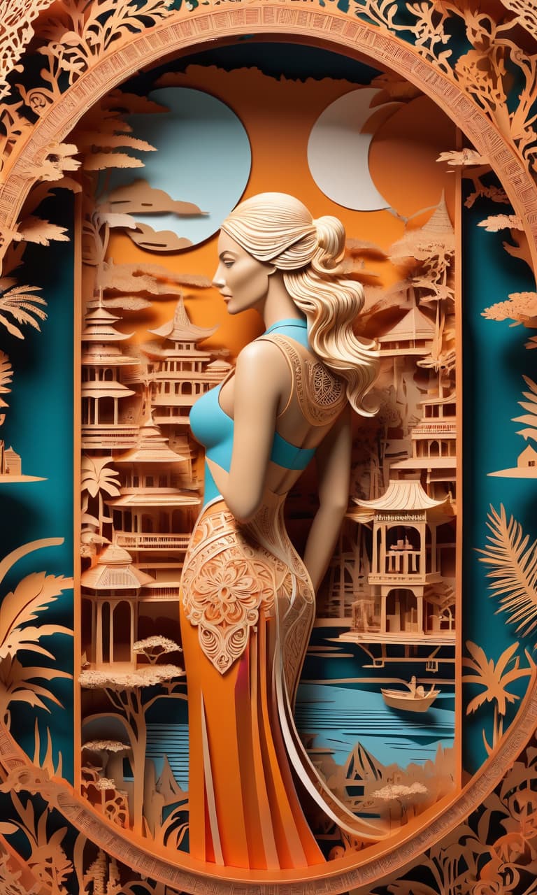  stacked papercut art of Visual art depicting a place where inventions and adventures are felt, a very detailed and deep portrayal. A blonde woman with a beautiful back in exotic ethnic attire sees herself in reflection in a mirror. Use only three colors and their shades. . 3D, layered, dimensional, depth, precision cut, stacked layers, papercut, high contrast hyperrealistic, full body, detailed clothing, highly detailed, cinematic lighting, stunningly beautiful, intricate, sharp focus, f/1. 8, 85mm, (centered image composition), (professionally color graded), ((bright soft diffused light)), volumetric fog, trending on instagram, trending on tumblr, HDR 4K, 8K