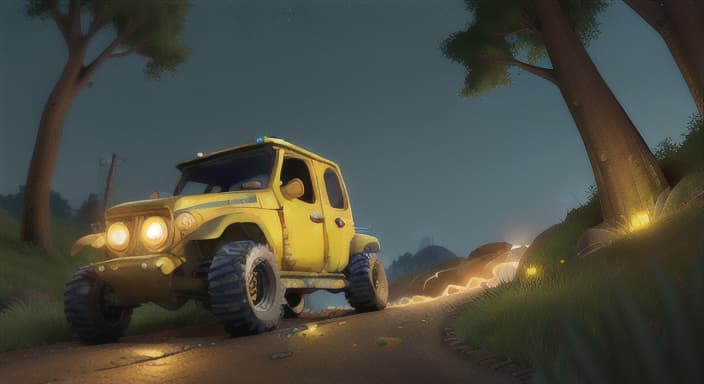  {Jake driving up a steep hill with his headlights shining bright., Jake's wheels were big and sturdy, perfect for rough terrains.