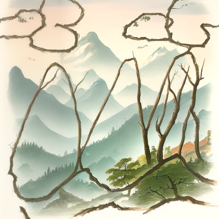  Chinese and distant, autu painting, mountains,clouds,ethereal mn colors, ancient trees,