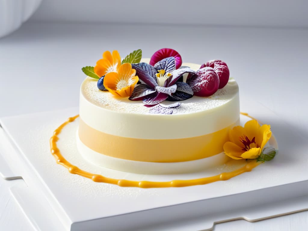  A closeup, ultradetailed image of a vibrant, multilayered dessert showcasing intricate textures of smooth, creamy mousses, glossy fruit gelées, and delicate edible flowers, all elegantly presented on a minimalist, white porcelain plate. Each layer is perfectly defined, with light reflecting off the surface to highlight the intricate details of the dessert, creating a visually captivating and luxurious image that exemplifies modern dessert techniques and multiple textures in a sophisticated manner. hyperrealistic, full body, detailed clothing, highly detailed, cinematic lighting, stunningly beautiful, intricate, sharp focus, f/1. 8, 85mm, (centered image composition), (professionally color graded), ((bright soft diffused light)), volumetric fog, trending on instagram, trending on tumblr, HDR 4K, 8K