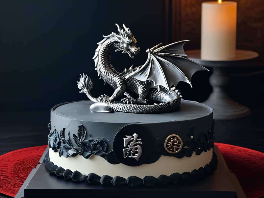  A detailed, minimalistic illustration of a sleek, silver cake stand adorned with intricate dragon motifs, reminiscent of House Targaryen sigil, set against a dark, medievalstyle background. The cake stand is elegantly displayed, symbolizing the grandeur and sophistication of Game of Thronesinspired baking tools. hyperrealistic, full body, detailed clothing, highly detailed, cinematic lighting, stunningly beautiful, intricate, sharp focus, f/1. 8, 85mm, (centered image composition), (professionally color graded), ((bright soft diffused light)), volumetric fog, trending on instagram, trending on tumblr, HDR 4K, 8K