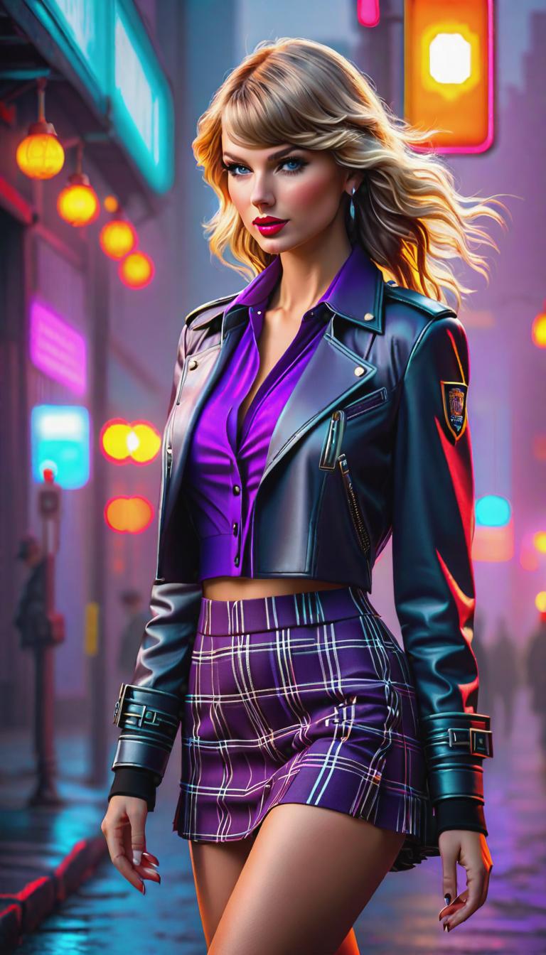  Cyberpunk style depiction of Taylor Swift wearing purple plaid . The scene is set in a world where technology has advanced, but society and human conditions have not, creating a gritty, dystopian atmosphere. hyperrealistic, full body, detailed clothing, highly detailed, cinematic lighting, stunningly beautiful, intricate, sharp focus, f/1. 8, 85mm, (centered image composition), (professionally color graded), ((bright soft diffused light)), volumetric fog, trending on instagram, trending on tumblr, HDR 4K, 8K