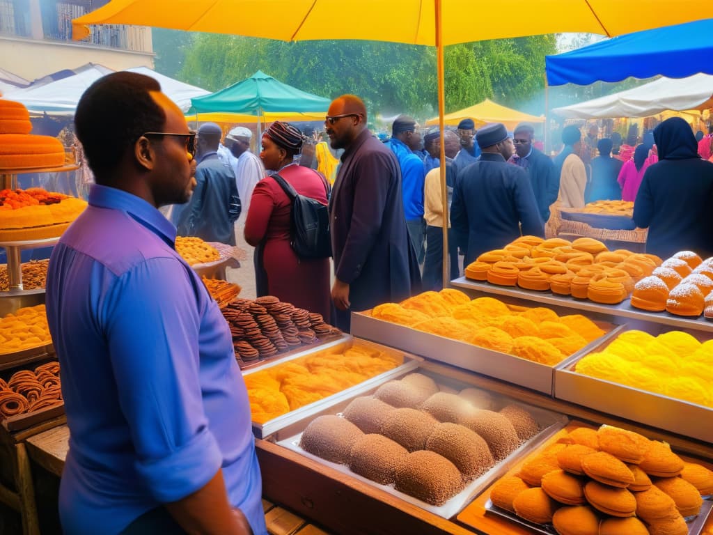  A photorealistic image of a bustling openair market in Africa, filled with vibrant displays of traditional African pastries and desserts. The scene is alive with activity as diverse customers browse the colorful stalls, interacting with local vendors dressed in traditional attire. The sunlight casts a warm glow over the scene, highlighting the intricate details of the baked goods and the rich cultural tapestry of the setting. hyperrealistic, full body, detailed clothing, highly detailed, cinematic lighting, stunningly beautiful, intricate, sharp focus, f/1. 8, 85mm, (centered image composition), (professionally color graded), ((bright soft diffused light)), volumetric fog, trending on instagram, trending on tumblr, HDR 4K, 8K