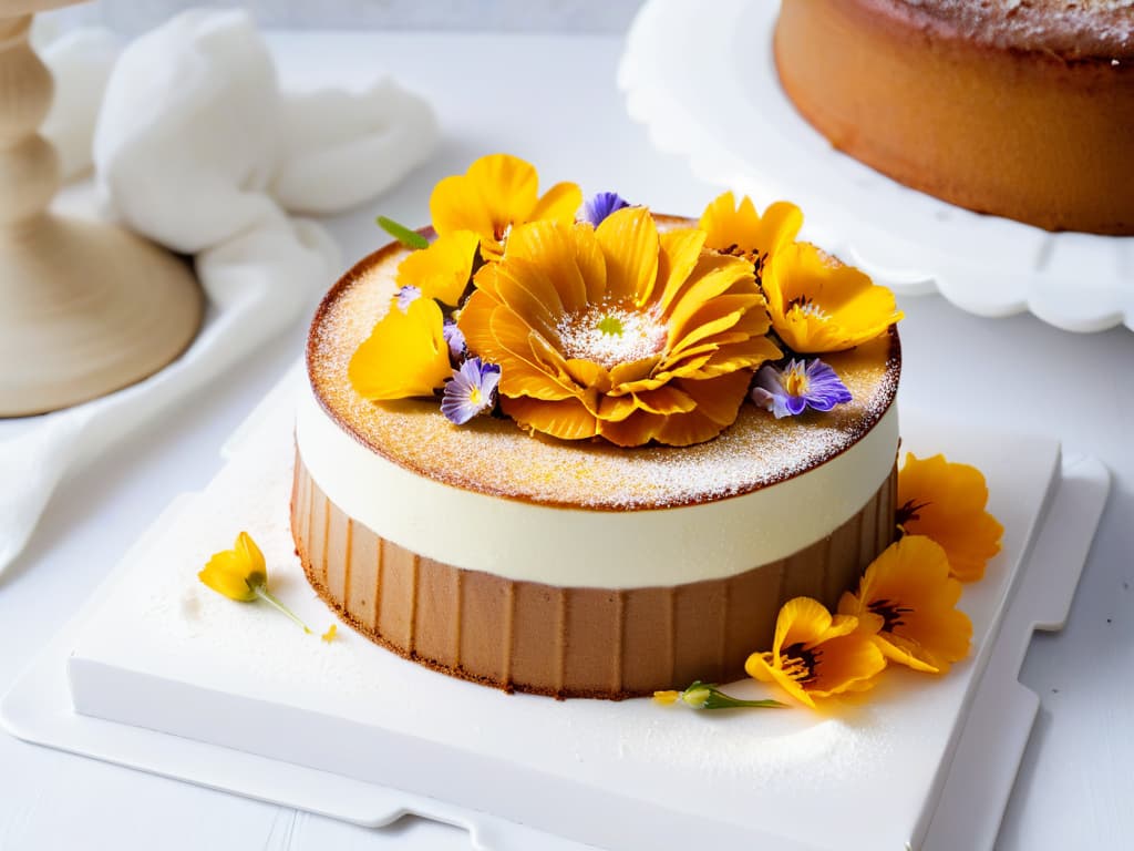  An ultradetailed closeup image of a freshly baked yacóninfused cake, with a goldenbrown crust perfectly caramelized, sprinkled with a light dusting of powdered yacón sweetener, and adorned with delicate edible flowers on top. The cake sits on a sleek white porcelain platter, set against a soft, blurred background that brings focus solely on the intricate textures and colors of the dessert. hyperrealistic, full body, detailed clothing, highly detailed, cinematic lighting, stunningly beautiful, intricate, sharp focus, f/1. 8, 85mm, (centered image composition), (professionally color graded), ((bright soft diffused light)), volumetric fog, trending on instagram, trending on tumblr, HDR 4K, 8K