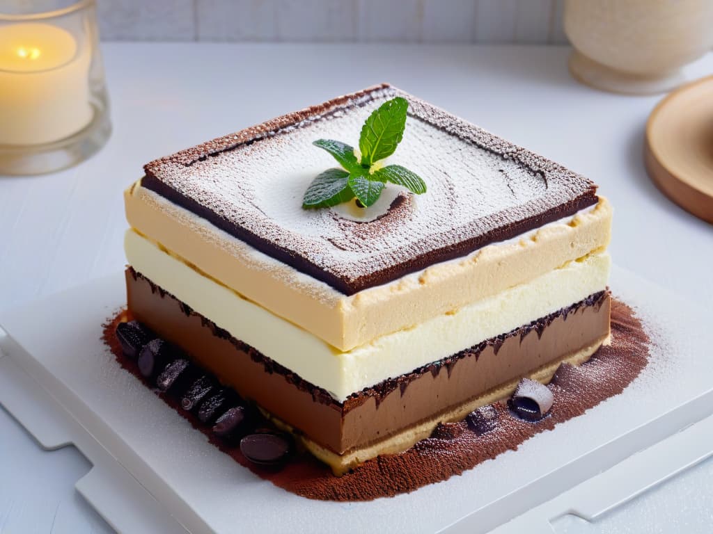  A photorealistic image of a beautifully layered tiramisú in a clear glass dish, showcasing the smooth and creamy texture of the dessert. The layers of coffeesoaked ladyfingers, rich mascarpone cream, and a dusting of cocoa powder on top are perfectly visible, with a few coffee beans and a sprig of fresh mint as garnish. The background is softly blurred to keep the focus on the dessert, and the lighting highlights the glossy finish of the tiramisú, making it look irresistibly delicious. hyperrealistic, full body, detailed clothing, highly detailed, cinematic lighting, stunningly beautiful, intricate, sharp focus, f/1. 8, 85mm, (centered image composition), (professionally color graded), ((bright soft diffused light)), volumetric fog, trending on instagram, trending on tumblr, HDR 4K, 8K