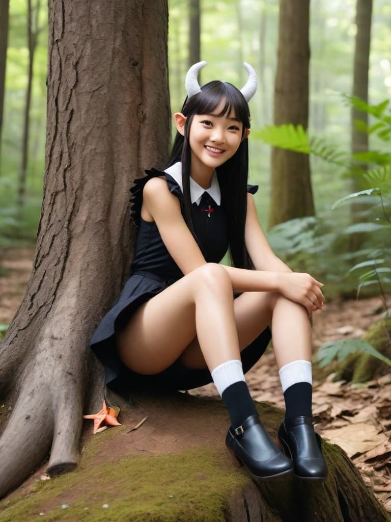  a photorealistic full body portrait of aia. aia is a pretty, thoughtfully smiling and look at the camera, under her clothes South Korean 7 elf with long elf ears, sitting in the forest, very wide-legged, on a tree stump, (((from below))), she wears black Mary Jane shoes with white socks and a black very short microshirt, (((from below))). she pushes her very far apart. ultra detailed, unreal engine, hyperrealistic, 8K, ultra detailed, beautiful detailed , detailed, cute,