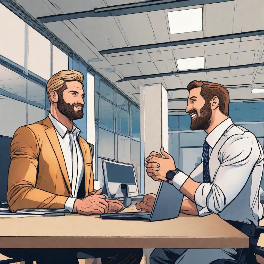  photorealistic image of a professional success story. A confident person in business attire, standing in a modern office environment, shaking hands with a smiling interviewer. The background should include elements like a glass-walled meeting room, desks with computers, and people working. Capture the emotions of relief, joy, and triumph, as the person finally lands their dream job after years of perseverance. The lighting should be natural, highlighting the positive atmosphere. hyperrealistic, full body, detailed clothing, highly detailed, cinematic lighting, stunningly beautiful, intricate, sharp focus, f/1. 8, 85mm, (centered image composition), (professionally color graded), ((bright soft diffused light)), volumetric fog, trending on instagram, trending on tumblr, HDR 4K, 8K