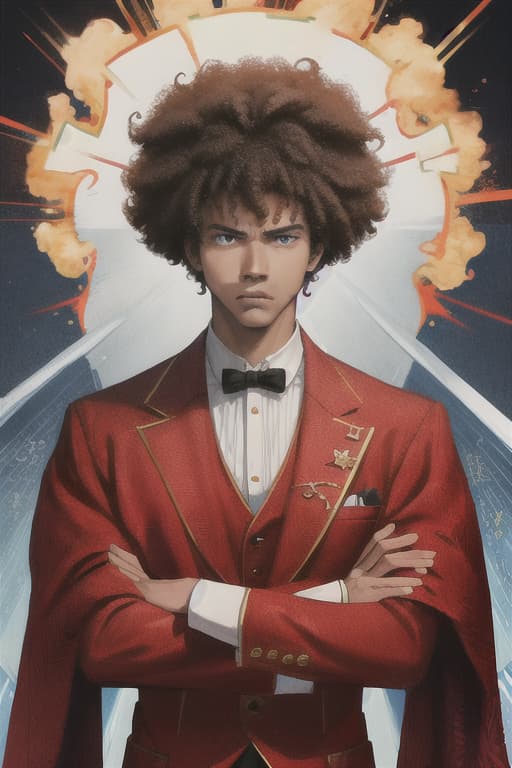  {{{Hairstyle is afro }}},One man,suits style,handsome、anger ,angry face,{{{Hairstyle is afro}}},crossed arms ,{{{Afro hair,}}}red hair,{{{sungles}}},beautiful  white skin,muscular,standing,body is covered in flames ,low saturation,portrait,fine line drawing,fine detail,soft light ,