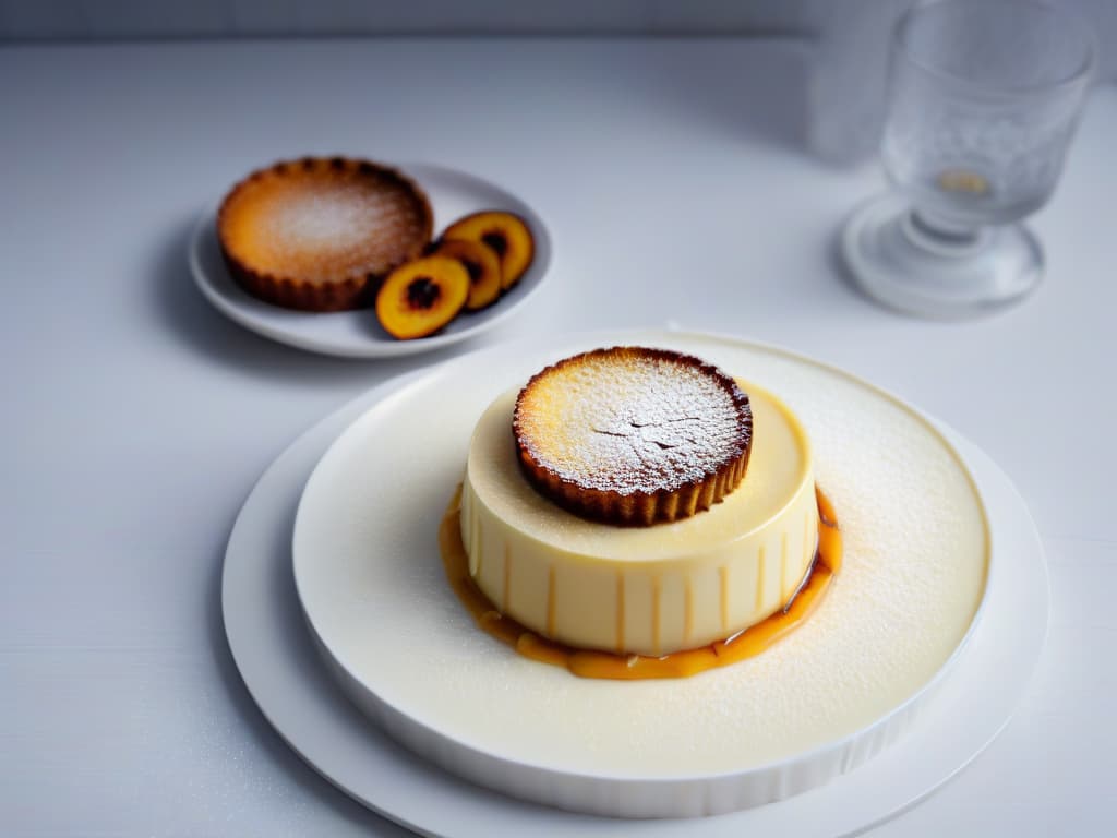  A closeup, ultradetailed photograph of a perfectly crafted crème brûlée, with a golden caramelized sugar crust delicately cracked to reveal the creamy vanilla custard underneath. The smooth surface of the dessert reflects the soft lighting, highlighting the intricate details of the dish, from the tiny vanilla bean specks in the custard to the precise caramelization on the sugar topping. The minimalist presentation focuses solely on the elegant simplicity of this gourmet dessert, evoking a sense of sophistication and indulgence. hyperrealistic, full body, detailed clothing, highly detailed, cinematic lighting, stunningly beautiful, intricate, sharp focus, f/1. 8, 85mm, (centered image composition), (professionally color graded), ((bright soft diffused light)), volumetric fog, trending on instagram, trending on tumblr, HDR 4K, 8K