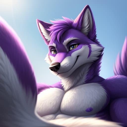  Macro, male, wolf, dark Purple and white color, 'with a fox where his dick was supposed to be*, open eyes, digital art, masterpiece, 4k, fine details,