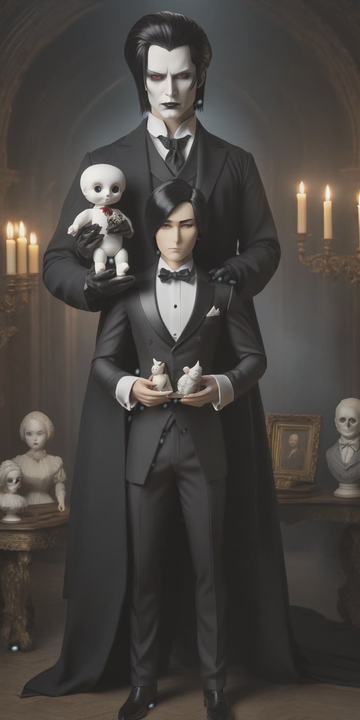  macabre style Create a man with black hair, dressed in a formal suit, holding a porcelain doll. The man has a stern look and a frightening white face . dark, gothic, grim, haunting, highly detailed hyperrealistic, full body, detailed clothing, highly detailed, cinematic lighting, stunningly beautiful, intricate, sharp focus, f/1. 8, 85mm, (centered image composition), (professionally color graded), ((bright soft diffused light)), volumetric fog, trending on instagram, trending on tumblr, HDR 4K, 8K