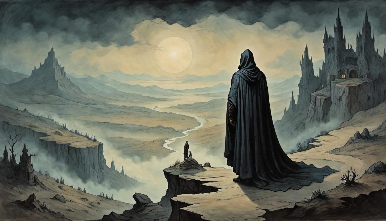  on parchment, surrealism+++, A figure cloaked in shadow, standing at the edge of a precipice, overlooking a vast, nocturnal landscape, introspection and solitude, enigmatic, contemplative, threshold of discovery(mysterious, provocative, symbolic,muted color)+++