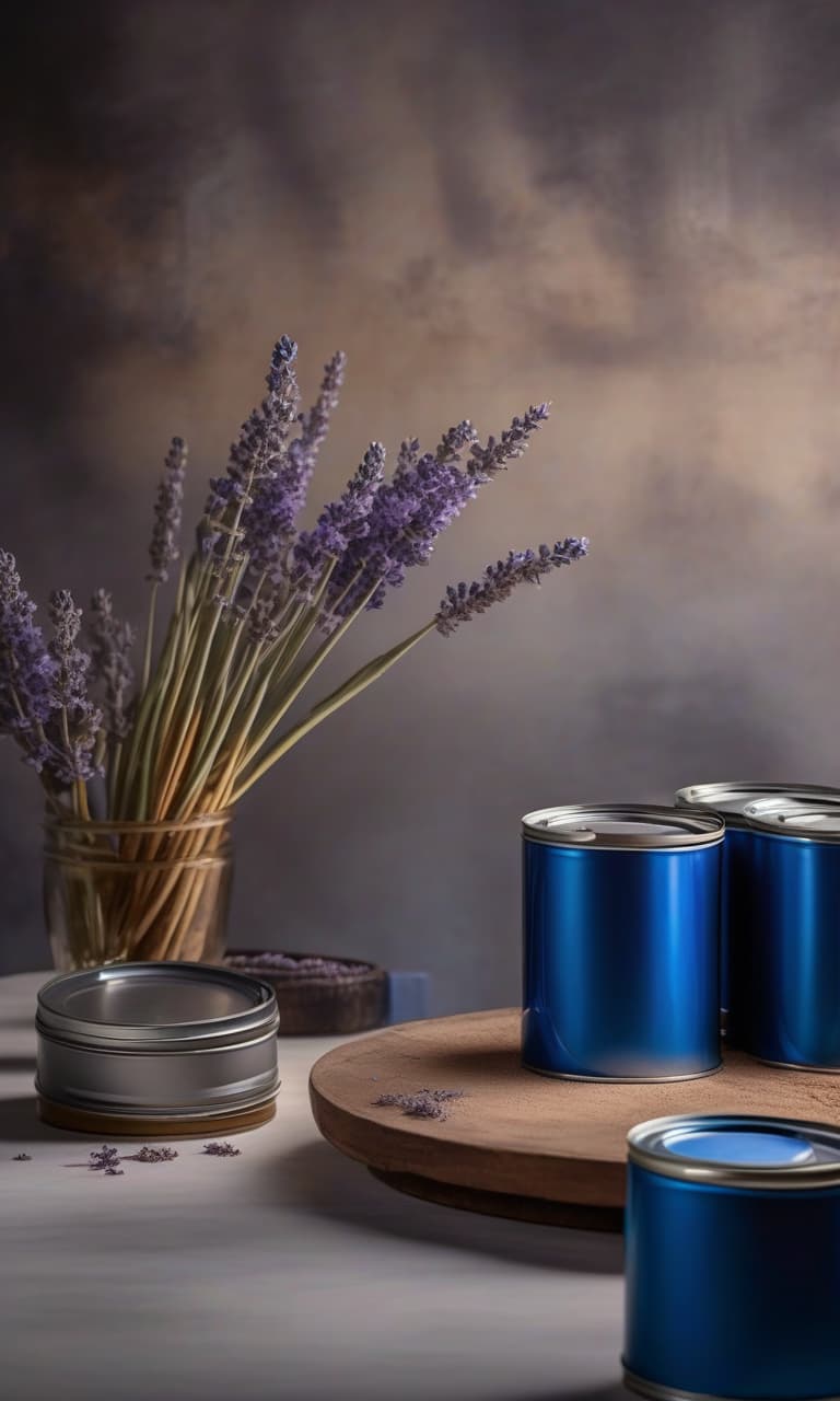  Realistic photo of blue beige lavender color on a light wall with paintbrushes in cans. hyperrealistic, full body, detailed clothing, highly detailed, cinematic lighting, stunningly beautiful, intricate, sharp focus, f/1. 8, 85mm, (centered image composition), (professionally color graded), ((bright soft diffused light)), volumetric fog, trending on instagram, trending on tumblr, HDR 4K, 8K