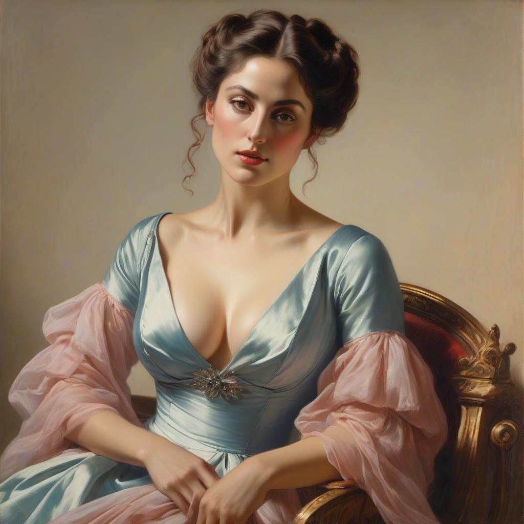  realistic portrait of a seductive woman, intricate details of her face and hair, (long shot), soft lighting, works by John Singer Sargent and Jean Auguste Dominique Ingres, oil painting style with bright colors and smooth brush strokes. hyperrealistic, full body, detailed clothing, highly detailed, cinematic lighting, stunningly beautiful, intricate, sharp focus, f/1. 8, 85mm, (centered image composition), (professionally color graded), ((bright soft diffused light)), volumetric fog, trending on instagram, trending on tumblr, HDR 4K, 8K