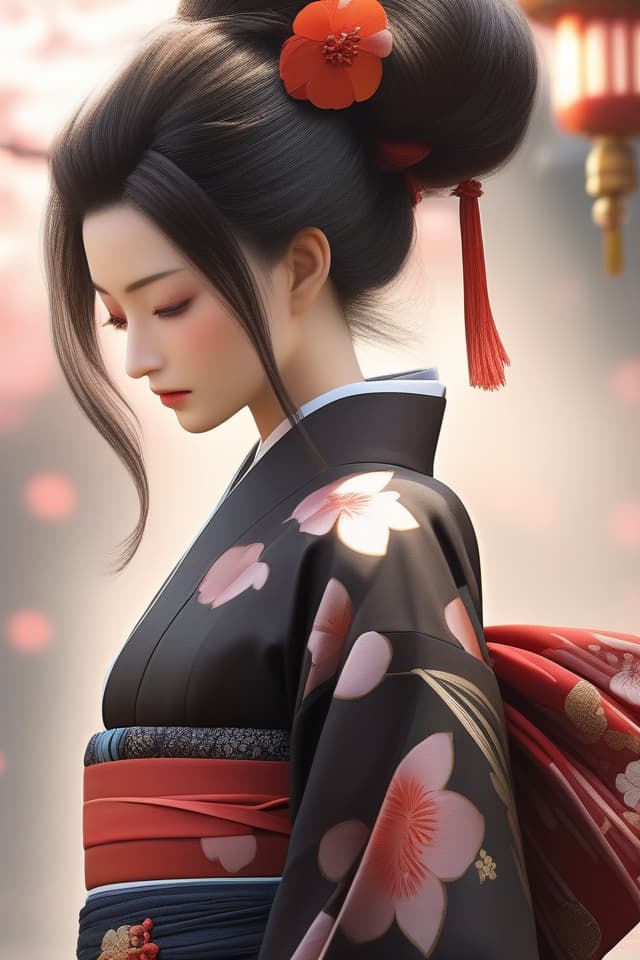  ((woman in kimono👘)){((black kimono and black obi: 1.4))(tied hair)),eyes down,woman bearing sorrow}((super detail)),8k,high resolution,absurd,employed,delicately composed,detailed,exquisitely detailed,bold composition,cinematic angles,dynamic angles,top quality,masterpiece, hyperrealistic, full body, detailed clothing, highly detailed, cinematic lighting, stunningly beautiful, intricate, sharp focus, f/1. 8, 85mm, (centered image composition), (professionally color graded), ((bright soft diffused light)), volumetric fog, trending on instagram, trending on tumblr, HDR 4K, 8K