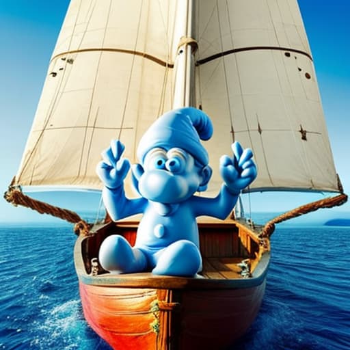  a smurf sailing on a sailing ship