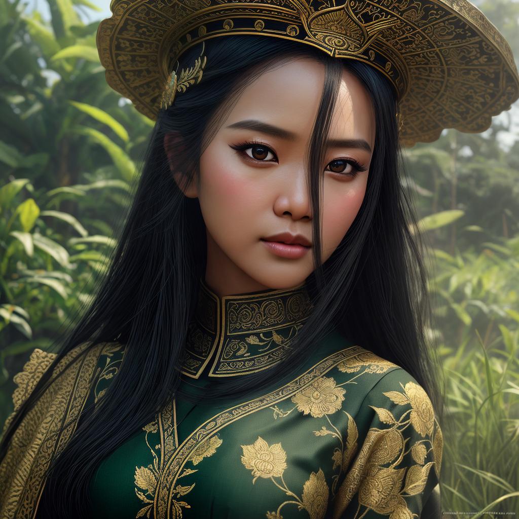  (masterpiece), best quality, expressive eyes, perfect face, analog style, Photorealistic dramatic, exquisite detail, full body, natural skin, hyperrealistic, Indonesian woman, long black hair, traditional Indonesian dress, kebaya, green field, elegant, by WLOP, Artgerm, Greg Rutkowski,Alphonse Mucha, Beautiful dynamic,shadows,Artstation,concept design art,Octane render,