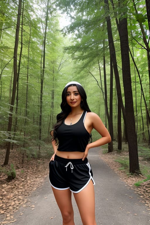  Middle eastern female, medium round s, black gym shorts, outdoor, woods, creek