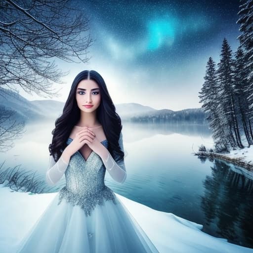  The Most Beautiful And Stunning Mysterious Beauty Woman At The Foggy Sunny Day In The Most Beautiful And Stunning Winter Combined With Summer With Starry Sky And Stunning Moonlight View Over The Lake, Ultra Sharp Details