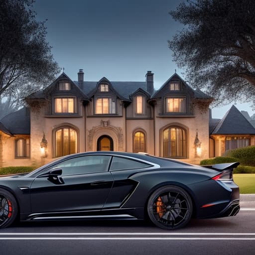  (luxury aesthetic dark car in front of a mansion), photorealistic, highly detailed, 4k, high quality hyperrealistic, full body, detailed clothing, highly detailed, cinematic lighting, stunningly beautiful, intricate, sharp focus, f/1. 8, 85mm, (centered image composition), (professionally color graded), ((bright soft diffused light)), volumetric fog, trending on instagram, trending on tumblr, HDR 4K, 8K