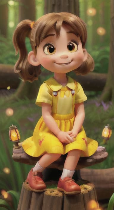  {Lily sitting on a log, smiling contentedly as she looks at the glowing forest, with a few fireflies lingering around her., A young named Lily with brown hair in pigtails, wearing a bright yellow dress with red shoes, and holding a small lantern. She is curious and adventurous.