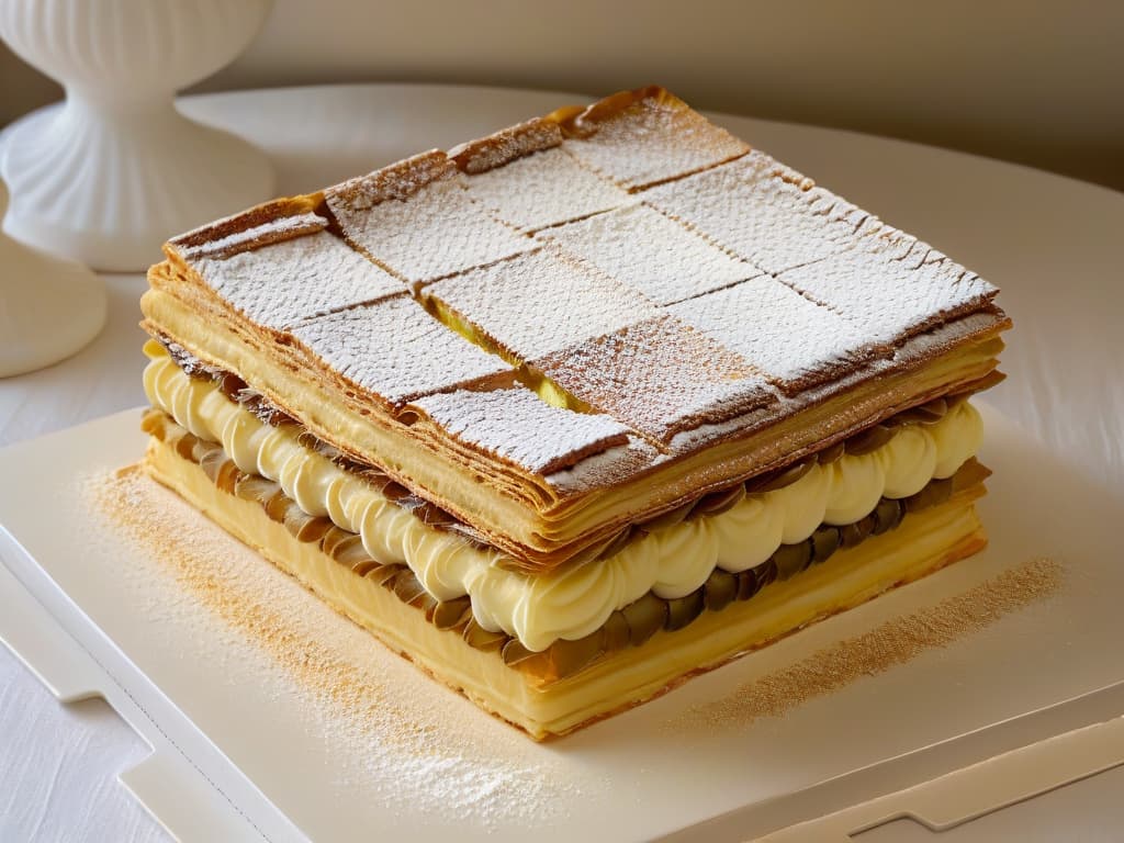  A closeup, ultradetailed photograph of a perfectly crafted, intricately layered millefeuille pastry, showcasing delicate, goldenbrown puff pastry layers interspersed with rich vanilla pastry cream, elegantly dusted with a fine layer of powdered sugar. The focus is on the exquisite textures and precision of the pastry, highlighting the artistry and skill involved in creating a classic French dessert, embodying Gastón Lenôtre's innovative approach to pastry making. hyperrealistic, full body, detailed clothing, highly detailed, cinematic lighting, stunningly beautiful, intricate, sharp focus, f/1. 8, 85mm, (centered image composition), (professionally color graded), ((bright soft diffused light)), volumetric fog, trending on instagram, trending on tumblr, HDR 4K, 8K