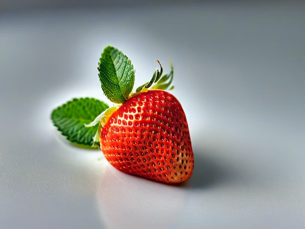  A closeup, ultradetailed image of a perfectly ripe red strawberry sliced in half, showcasing its vibrant color, glistening seeds, and fresh green leaves against a clean, white background. hyperrealistic, full body, detailed clothing, highly detailed, cinematic lighting, stunningly beautiful, intricate, sharp focus, f/1. 8, 85mm, (centered image composition), (professionally color graded), ((bright soft diffused light)), volumetric fog, trending on instagram, trending on tumblr, HDR 4K, 8K