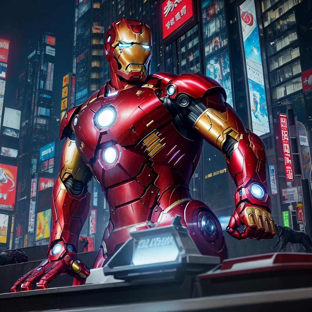  masterpiece, best quality, masterpiece, 8k resolution, realistic, highly detailed, Iron Man close-up. He stands on a street lined with tall buildings in a cyberpunk style city at night. The city's night lights are bright, and the surrounding buildings and streets are full of cyberpunk elements such as neon lights, high-tech equipment and futuristic architectural design.