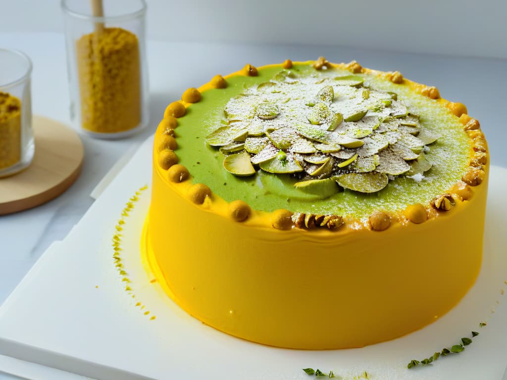  An ultradetailed closeup image of a freshly baked Sfouf cake with a goldenbrown crust, sprinkled with crushed pistachios and a dusting of vibrant yellow turmeric powder, placed on a sleek, modern white plate. The cake's texture is perfectly visible, showing a moist crumb with subtle hints of nuts throughout. The lighting is soft, casting gentle shadows that accentuate the cake's edges, while the minimalist presentation highlights the simplicity and elegance of this healthy turmeric dessert. hyperrealistic, full body, detailed clothing, highly detailed, cinematic lighting, stunningly beautiful, intricate, sharp focus, f/1. 8, 85mm, (centered image composition), (professionally color graded), ((bright soft diffused light)), volumetric fog, trending on instagram, trending on tumblr, HDR 4K, 8K